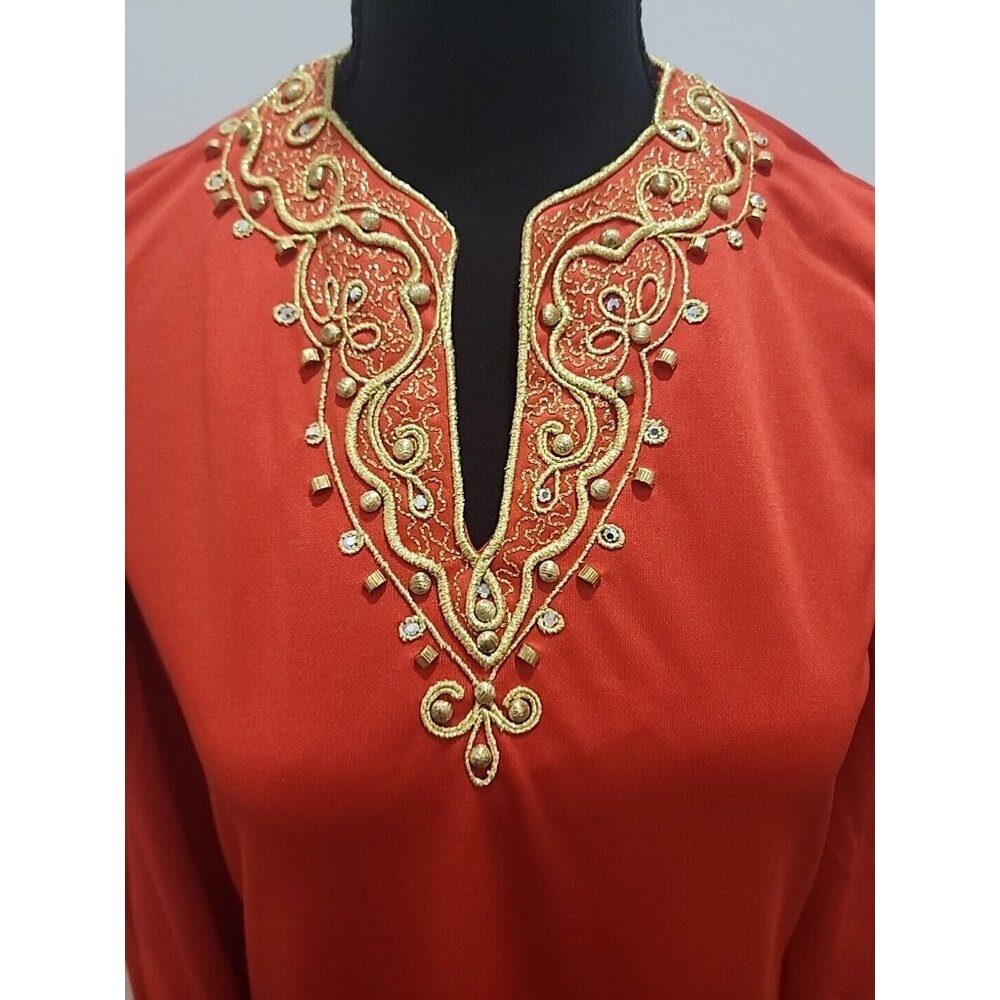 Vintage Embroidered Beaded Red & Gold Dress Gown by Jeannene Booher 80's Elegant